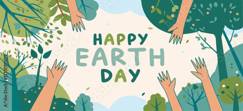 Earth Day. Environment Day. Save the planet. Vector illustration of hands holding the earth, bottom up view of nature and forest, people for ecology and green theme for poster or greeting card