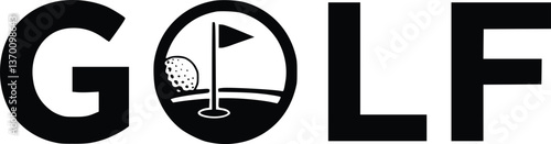 Golf logo with black text and a golf ball flag design in minimal style vector 
