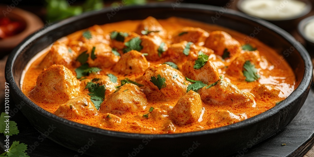 Delicious chicken tikka masala served in a black bowl, garnished with fresh cilantro. Delicious chicken tikka masala served in a black bowl, garnished with fresh cilantro.