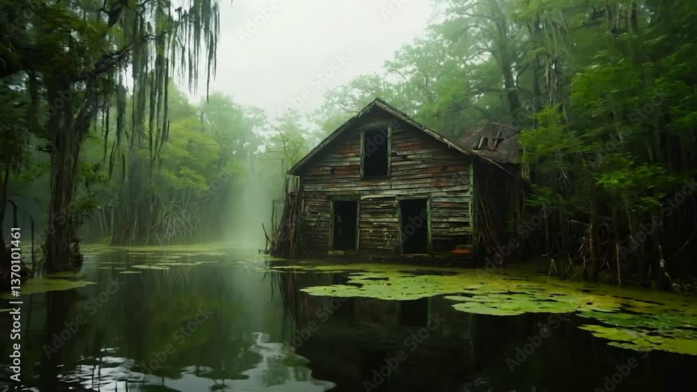 Abandoned wooden house surrounded by foggy swamp and lush greenery reflecting in water Abandoned wooden house surrounded by foggy swamp and lush greenery reflecting in water