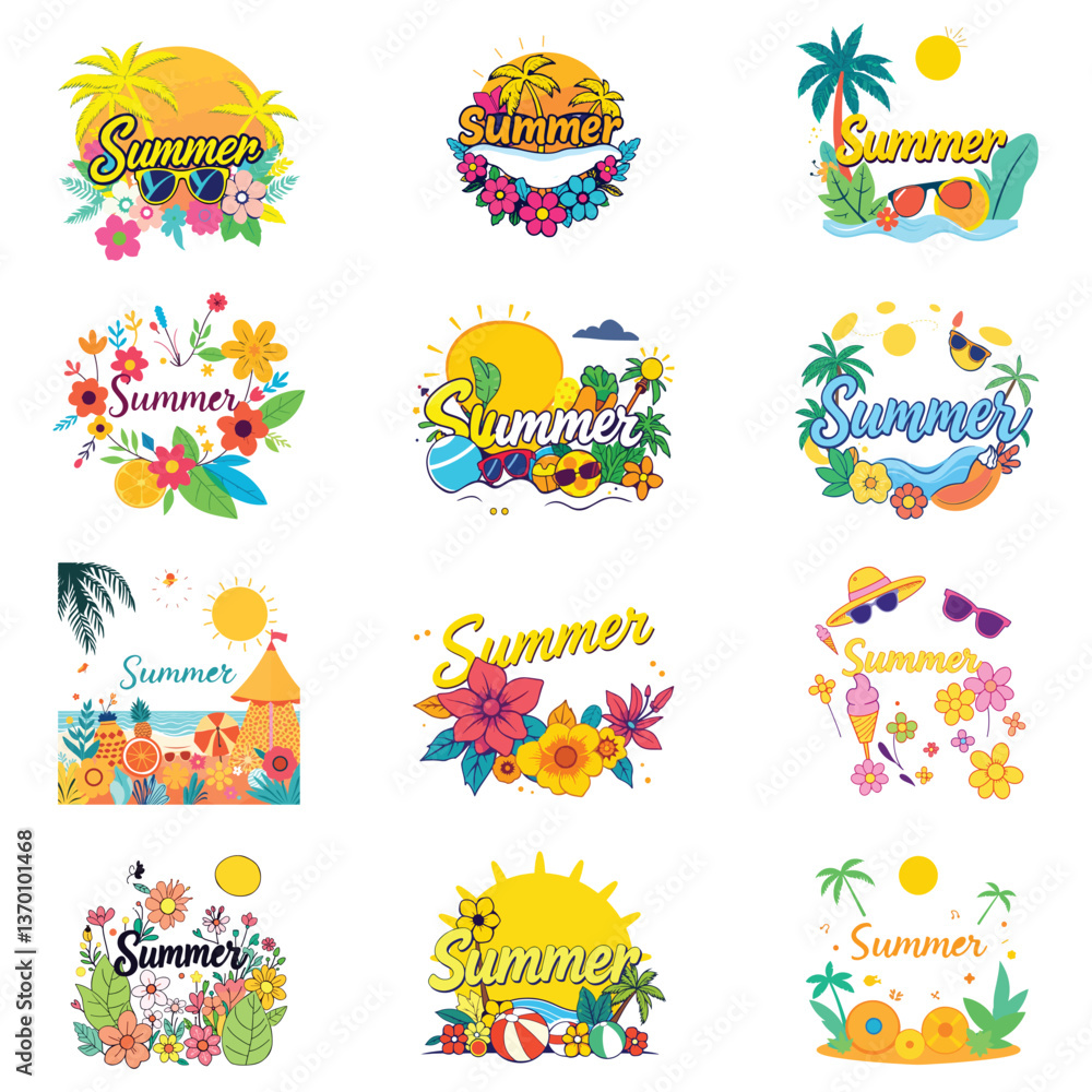 summer icons set vector illustration design with sun and seamless pattern summer icons set vector illustration design with sun and seamless pattern