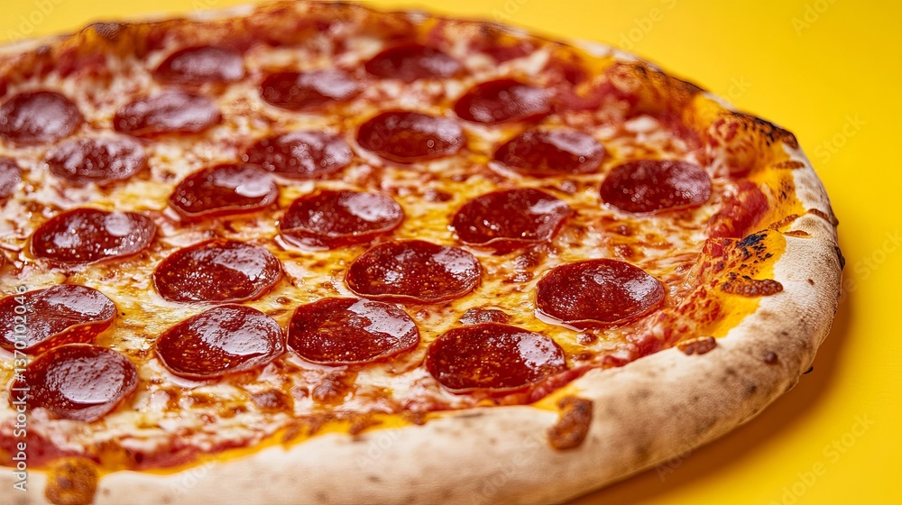 Pepperoni pizza close up shot on yellow background delicious italian food perfect for lunch or dinner meal Pepperoni pizza close up shot on yellow background delicious italian food perfect for lunch or dinner meal