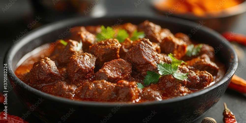 Aromatic beef stew garnished with fresh cilantro in a rustic black bowl. Aromatic beef stew garnished with fresh cilantro in a rustic black bowl.