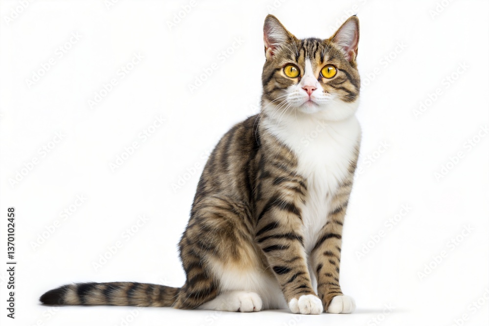 Obraz premium Brown tabby cat with white markings sitting alertly and looking up with bright yellow eyes. Domestic shorthair pet portrait isolated on a clean white studio background