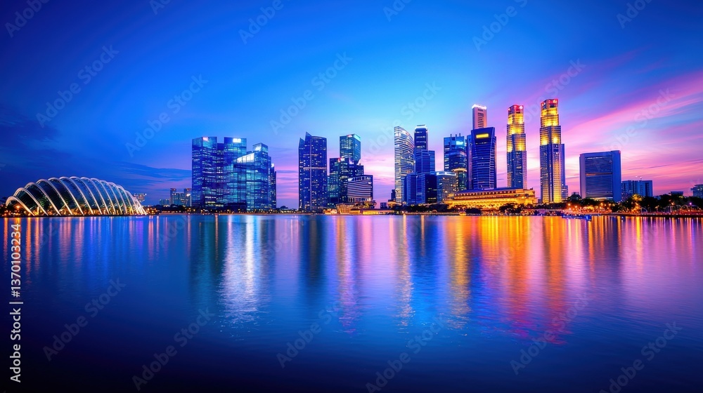 Obraz premium A vibrant city skyline reflecting on water at dusk, featuring modern buildings illuminated by colorful lights against a deep blue sky.