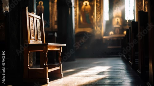 A sunlit prayer kneeler in a vintage russian orthodox church with dust particles floating above

