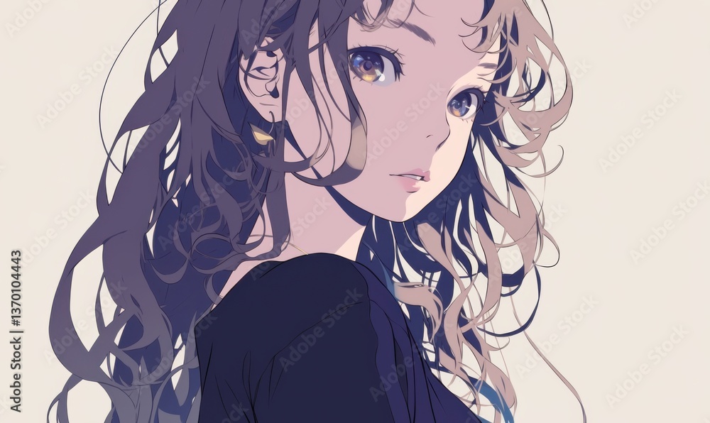 Naklejka premium Long-haired young anime woman on a simple white background