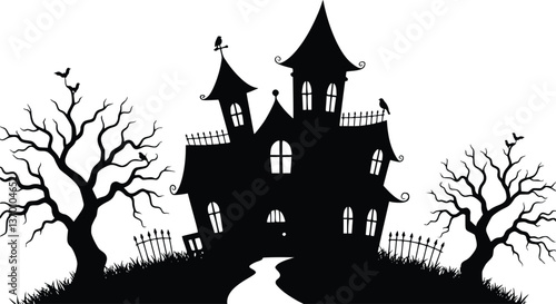 Silhouette spooky haunted house with bats and trees under moonlight in a gothic style