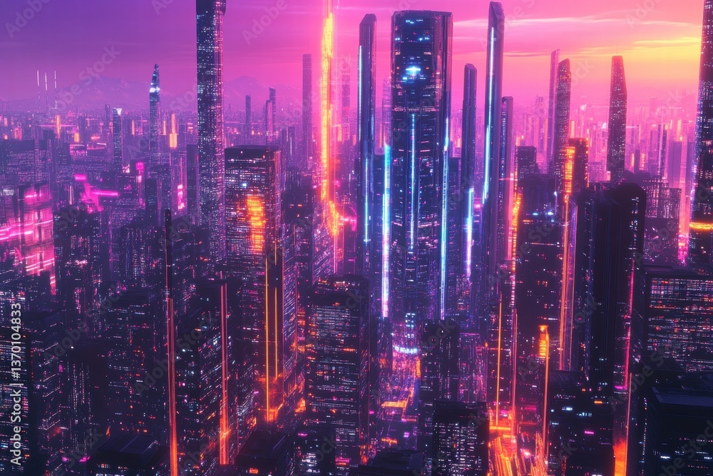 Naklejka premium Sci-fi skyline with pink and blue neon lights