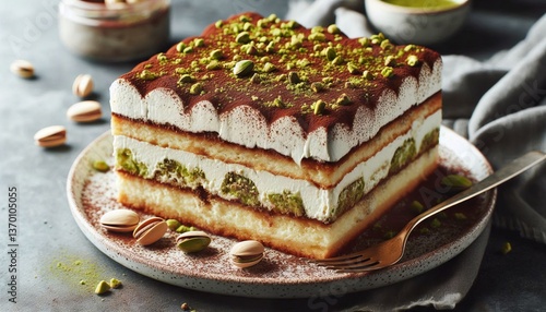 A beautifully presented slice of tiramisu with creamy layers, pistachio garnish, and rich mascarpone, showcasing culinary artistry
