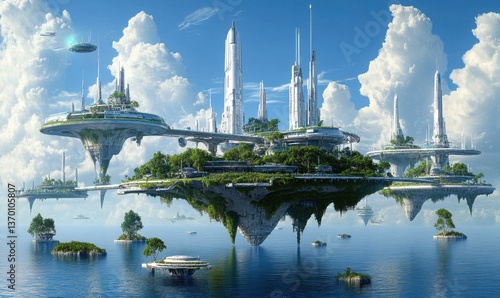Futuristic floating city with islands, aerial view, ideal for sci-fi projects