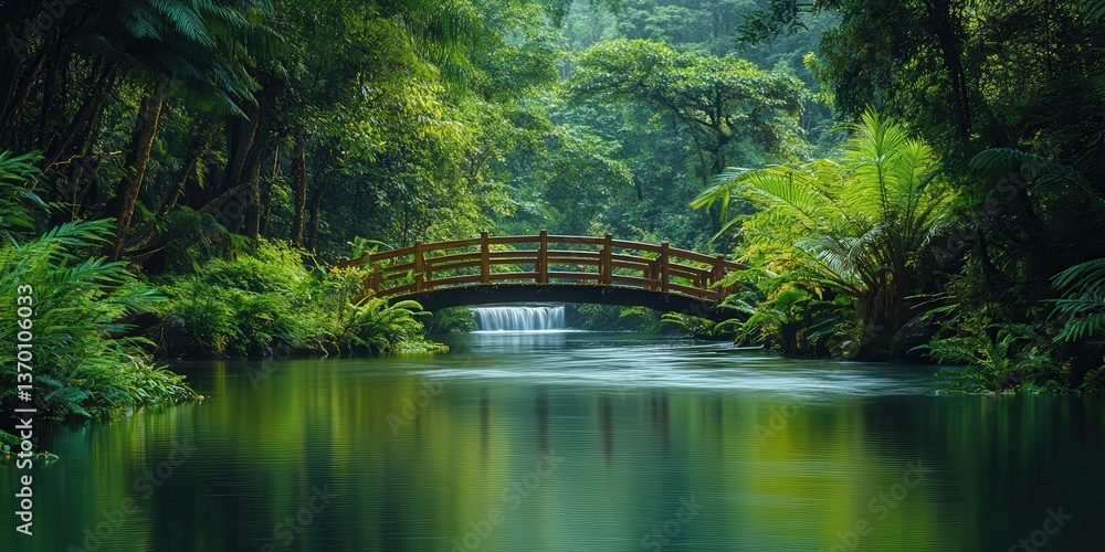Serene wooden bridge over a tranquil river in a lush green forest with a small waterfall in the background. Serene wooden bridge over a tranquil river in a lush green forest with a small waterfall in the background.