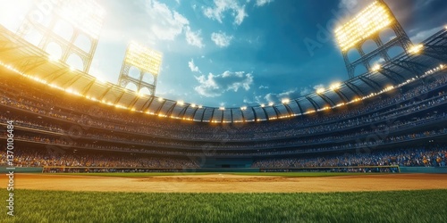 Brightly Lit Outdoor Stadium Full of Spectators under Cloudy Sky with Vibrant Green Grass Sandy Infield Playing Field