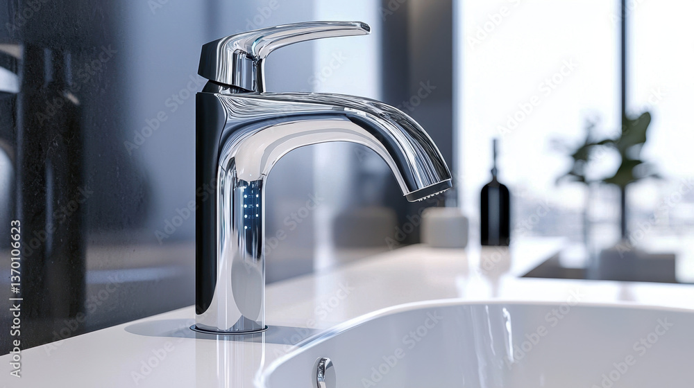 sleek, modern faucet with polished chrome finish is showcased contemporary bathroom setting, reflecting light beautifully. This high tech touchless faucet adds elegance and convenience to any sleek, modern faucet with polished chrome finish is showcased contemporary bathroom setting, reflecting light beautifully. This high tech touchless faucet adds elegance and convenience to any