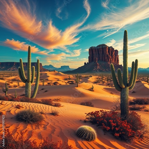 Saguaro cacti silhouette the Arizona desert sunset, a dry landscape painted with hot, western sky