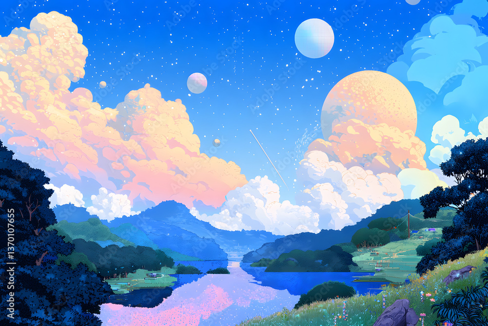 Fototapeta premium 8-bit wallpaper art of quantum computing landscape with pixel-designed information manipulation techniques