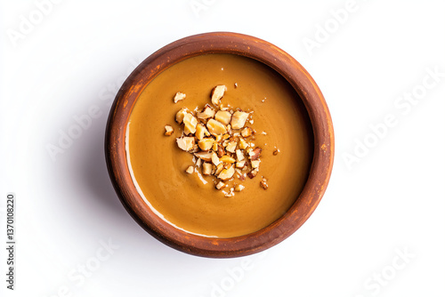 a bowl of peanut butter with peanuts on top