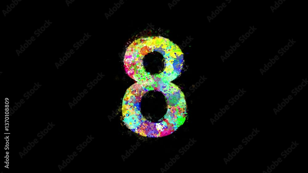 Number 8 with colorful paint splashes on plain black background Number 8 with colorful paint splashes on plain black background