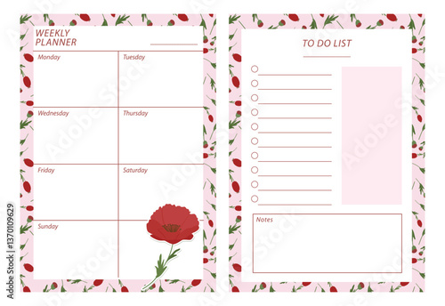 Vector red poppy printable weekly, monthly, yearly planner templates with notepad, note paper, for business, coaching productivity