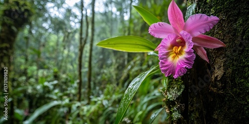  A rare species of orchid blooming on a tree in the Amazon rainforest, its delicate petals standing out against the lush, green backdrop of the jungle. 