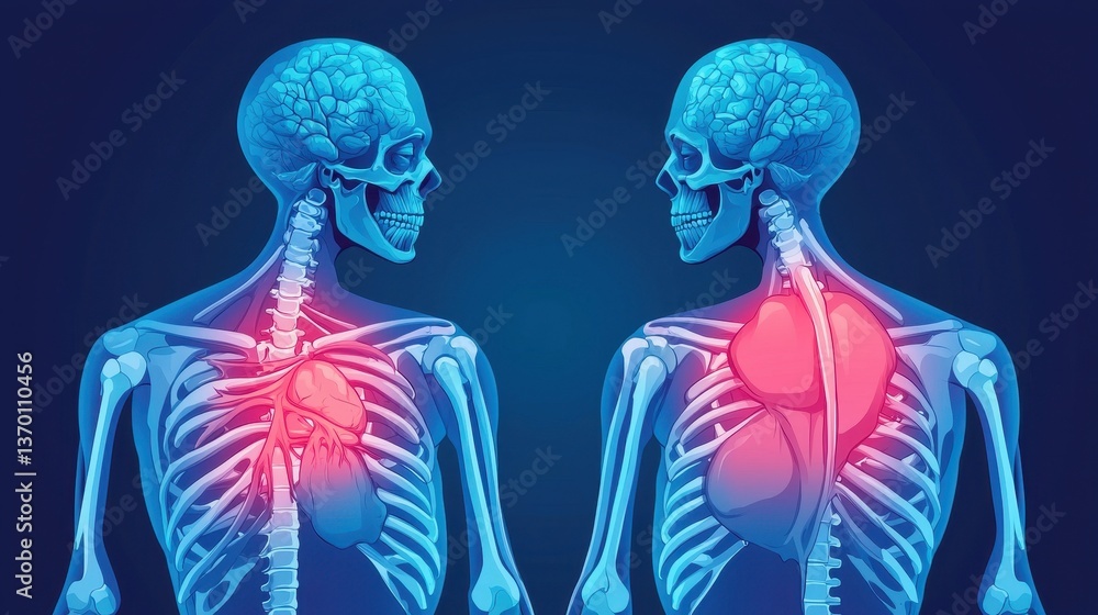 Anatomical Illustration of Human Skeleton with Heart and Brain Details Anatomical Illustration of Human Skeleton with Heart and Brain Details