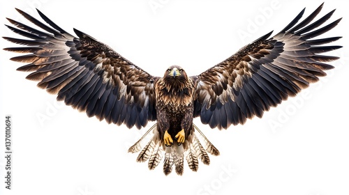  A regal eagle with wings slightly spread, set on a white background. 
