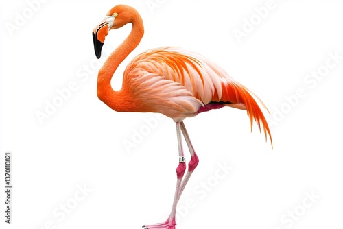  A regal flamingo standing elegantly on one leg, set against a clean white backdrop. 