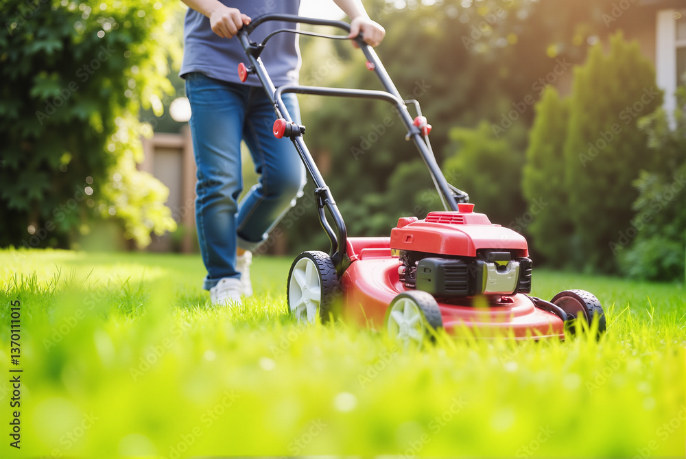 Boy Pushing Red Lawn Mower – Close-Up on Grass for Gardening and Outdoor Activity Concepts Boy Pushing Red Lawn Mower – Close-Up on Grass for Gardening and Outdoor Activity Concepts