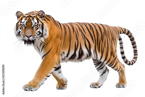  A regal Siberian tiger prowling gracefully on a white background. 