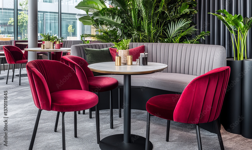 Fototapeta premium Stylish dining area with velvet chairs and indoor plants