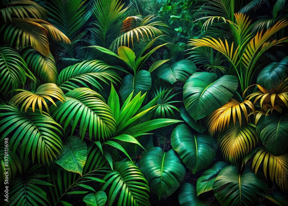 Aerial View Lush Tropical Palm Fronds, Green Wall, Exotic Leaf Textures - Drone Photography