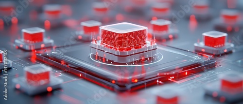 Abstract 3D rendering of a futuristic data center, showcasing interconnected data cubes with glowing red cores. Ideal for technology, AI, and big data concepts.
