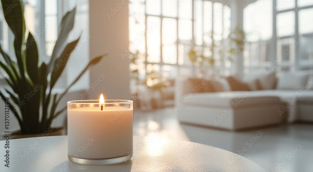 A luxury candle on table,glowing gently in a serene, bright living room with natural light streaming through large windows,Soft white neutral tones,minimalist decor,plush seating create a peaceful A luxury candle on table,glowing gently in a serene, bright living room with natural light streaming through large windows,Soft white neutral tones,minimalist decor,plush seating create a peaceful