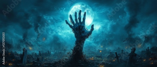 A gloomy background with a hand coming out of a grave under the moon, use it in horror themes and to create a mystical atmosphere.