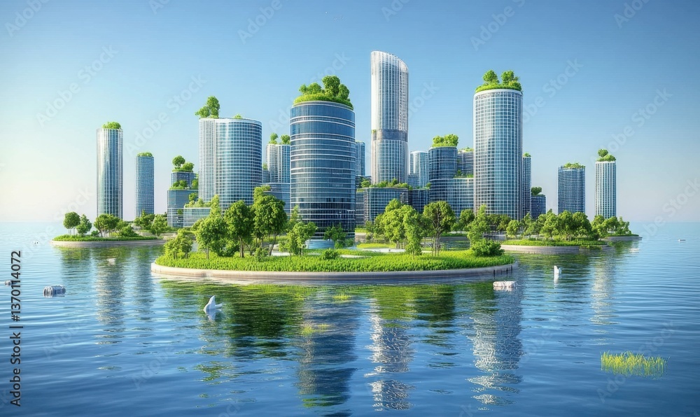 Fototapeta premium Green city on islands, sustainable urban development, eco-friendly future