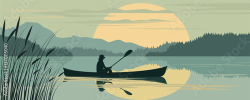 Fisherman in a boat on a lake against the backdrop of sunrise or sunset, forest, mountains, birds and reed silhouettes. A man sails in a boat against the backdrop of the sun, forest and mountains. 