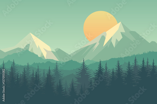 Mountain sunset, beautiful landscape illustration. High mountains covered with snow, forest silhouettes, fog and sunset.