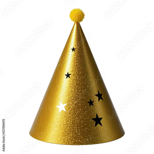 A golden party hat with stars and a yellow pom pom on top isolated against a black background