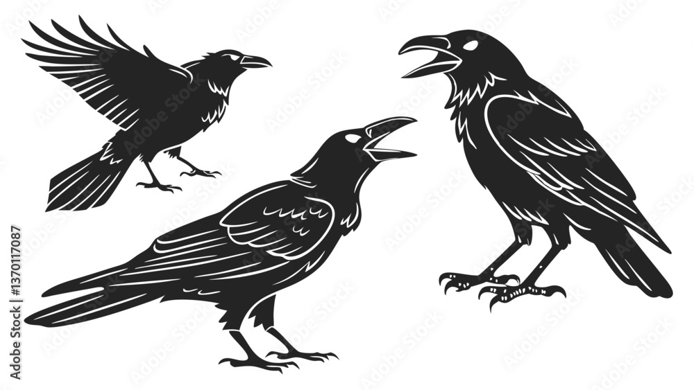 Fototapeta premium Majestic Crow Black Silhouettes Set for Design Projects
