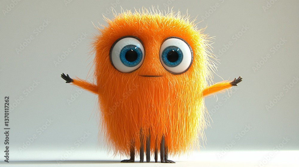 Fototapeta premium Orange Furry Creature with Large Blue Eyes and Tiny Arms Standing on Small Legs Fluffy.