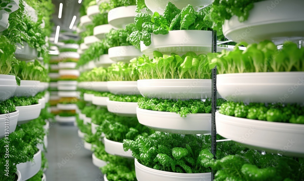 Obraz premium Indoor vertical farm with lush green plants, sustainable agriculture technology