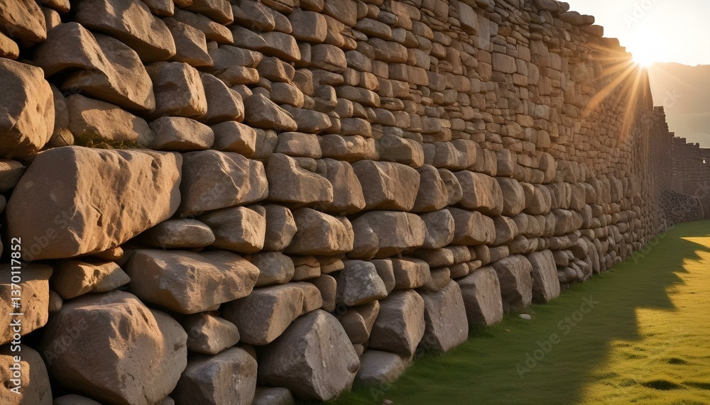 A long stone wall stretches across the frame, bathed in the warm light of a setting sun. The wall is constructed from large, roughly hewn stones, their surfaces textured and uneven A long stone wall stretches across the frame, bathed in the warm light of a setting sun. The wall is constructed from large, roughly hewn stones, their surfaces textured and uneven