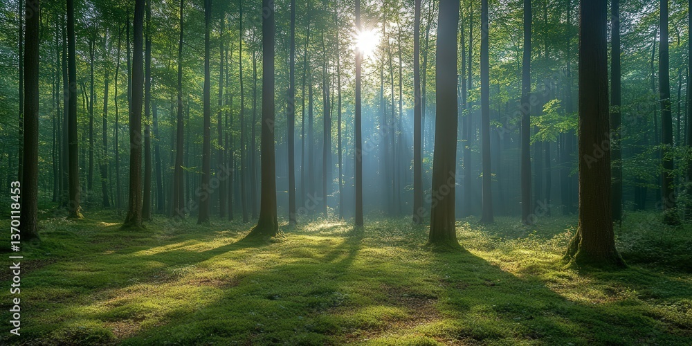 Sunlight streams through a serene forest, casting shadows on a lush, moss-covered floor. Sunlight streams through a serene forest, casting shadows on a lush, moss-covered floor.