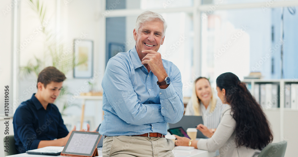 Obraz premium Mature, business man and portrait in meeting for financial management, investment planning and confidence. Finance executive, employer and happy with staff in office for corporate career and pride