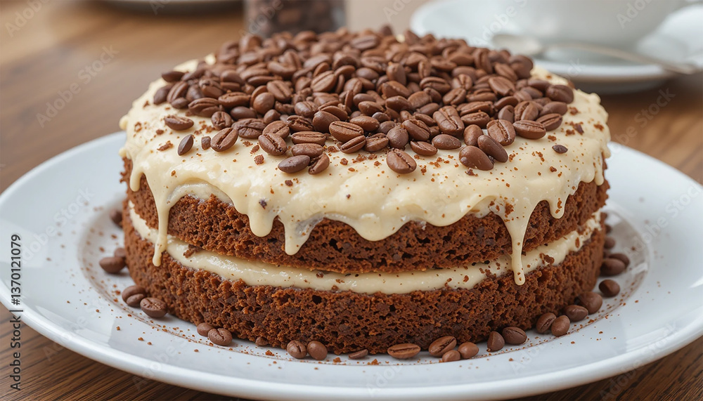 A delicious cake adorned with coffee beans on top, highlighting its coffee flavor. A delicious cake adorned with coffee beans on top, highlighting its coffee flavor.
