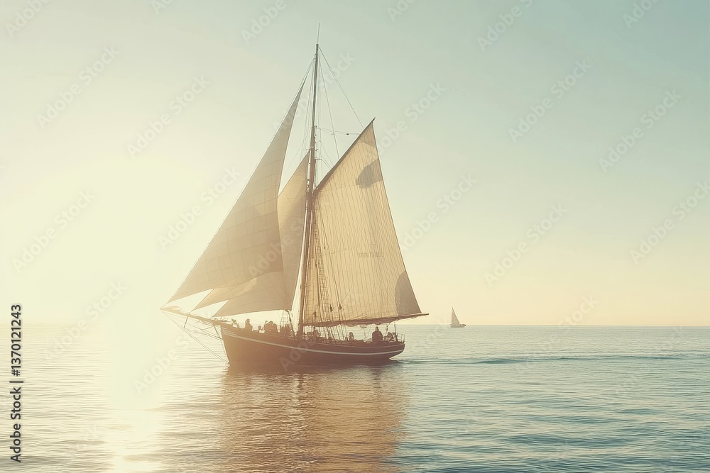 Naklejka premium Vintage Sailing Ship on Calm Waters During Golden Hour Sunset
