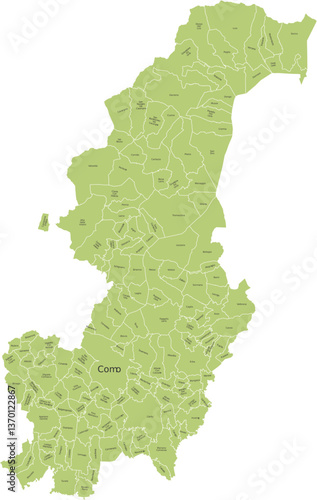 Vector image of the province of Como with separate municipalities and editable labels	