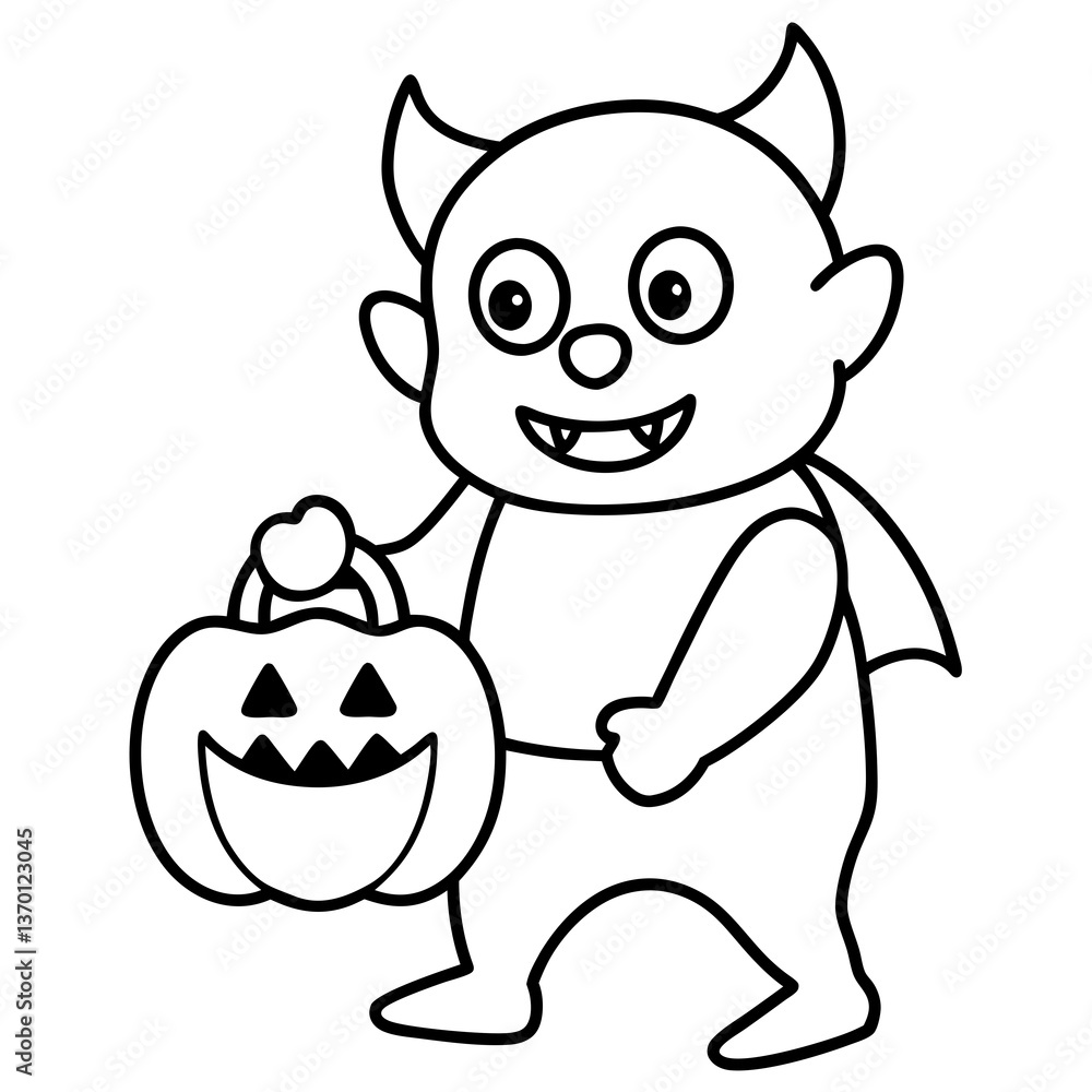 Baby Monster trick or treating with tiny fangs line art vector illustration Baby Monster trick or treating with tiny fangs line art vector illustration