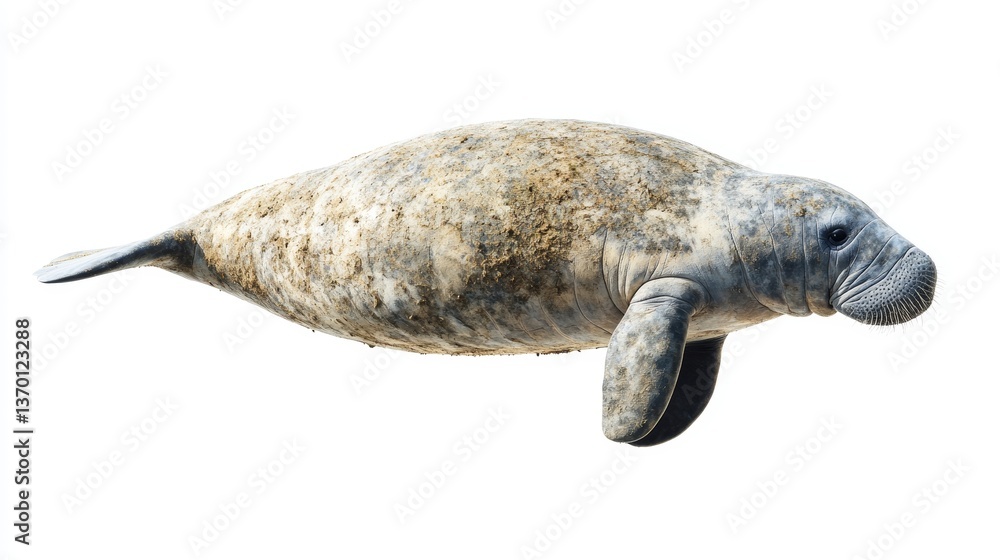 Obraz premium manatee watercolor illustration swimming in ocean, marine animal, sea mammal, aquatic life wildlife, isolated on white