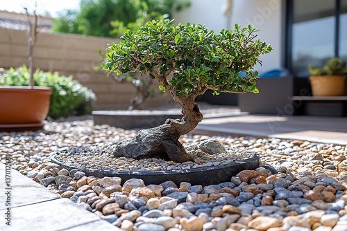  A serene Japanese rock garden with carefully placed stones, smooth raked gravel, and small bonsai trees creating a minimalist, calming space. 